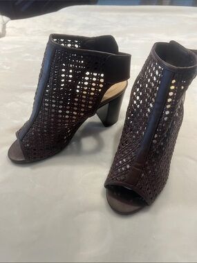 Cato Woven Peep-Toe Bootie Heels in Dark Brown